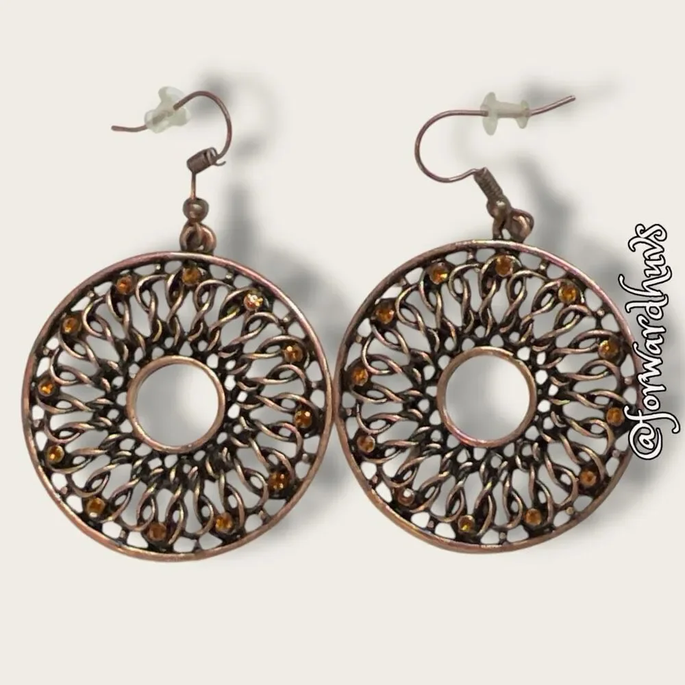 Bundle Sale 3 for $15 | Dark Copper Dangle Earrings with Orange Rhinestones